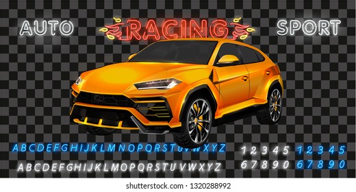 Very fast racing machine. Auto racing at Le Mans. Ring races. Of twenty-hour race. Icon of motorsports. Painted racing car. Front view. Car design