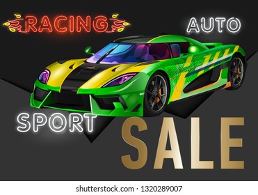 Very fast racing machine. Auto racing at Le Mans. Ring races. Of twenty-hour race. Icon of motorsports. Painted racing car. Front view. Car design