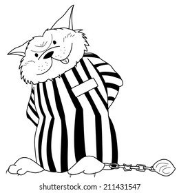 Very fat cartoon cat in jail uniform with irons on his leg, sketch illustration.