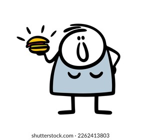 Very fat unhealthy happy young woman holds hamburger fast food for dinner. Vector illustration of doodle girl and meal.