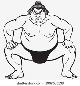 very fat vector sumo wrestler who looks evil, black and white drawing, white background

