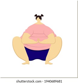 A very fat woman doing morning exercises. Fitness and Pilates for fat people. Get your body ready for summer. Isolated woman on a white background.