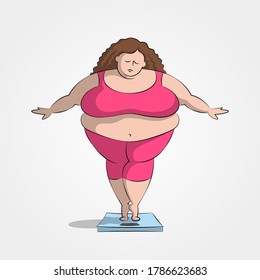 Una mujer muy gorda, con traje deportivo rosado, está parada en una báscula de baño, midiendo su peso. Concepto de estilo de vida insalubre, positivo corporal, obesidad, necesidad de dieta y pérdida de peso. Carácter gracioso