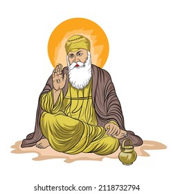 Very first Guru of Sikh religion, Vector illustration of Nanak, Line art of Indian monk