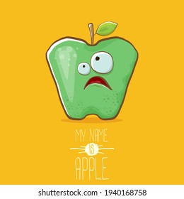 very funny cartoon cute green apple character isolated on orange background. My name is apple vector concept. vector super funky fruit summer food character