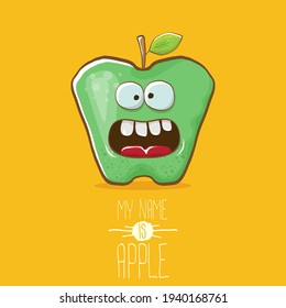 very funny cartoon cute green apple character isolated on orange background. My name is apple vector concept. vector super funky fruit summer food character