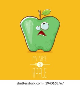 very funny cartoon cute green apple character isolated on orange background. My name is apple vector concept. vector super funky fruit summer food character