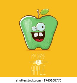 very funny cartoon cute green apple character isolated on orange background. My name is apple vector concept. vector super funky fruit summer food character