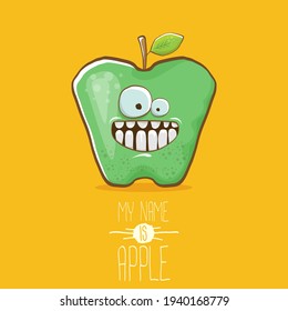 very funny cartoon cute green apple character isolated on orange background. My name is apple vector concept. vector super funky fruit summer food character
