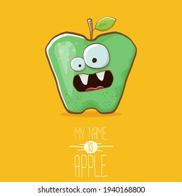 very funny cartoon cute green apple character isolated on orange background. My name is apple vector concept. vector super funky fruit summer food character