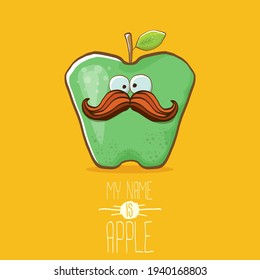 very funny cartoon cute green apple character isolated on orange background. My name is apple vector concept. vector super funky fruit summer food character