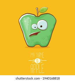 very funny cartoon cute green apple character isolated on orange background. My name is apple vector concept. vector super funky fruit summer food character