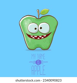 very funny cartoon cute green apple character isolated on blue background. My name is apple vector concept. vector super funky fruit summer food character