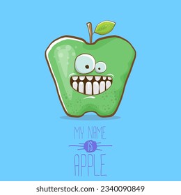very funny cartoon cute green apple character isolated on blue background. My name is apple vector concept. vector super funky fruit summer food character