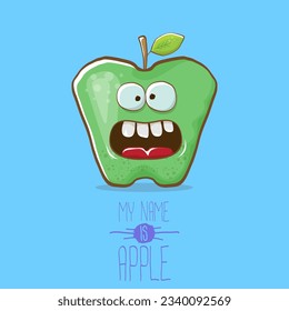 very funny cartoon cute green apple character isolated on blue background. My name is apple vector concept. vector super funky fruit summer food character