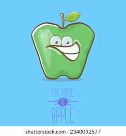 very funny cartoon cute green apple character isolated on blue background. My name is apple vector concept. vector super funky fruit summer food character