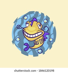 Very funny fish. Cartoon character of a small fish in the water. Color illustration of a marine life. Cartoon image yellow fish icon.