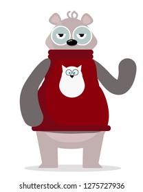 Very funny Garry the bear in red sweater with an owl. Bear waves his hand