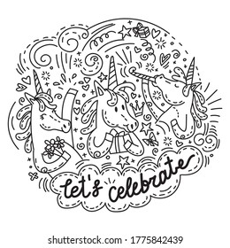 Very funny and happy celebrating unicorns. Vector humor character in doodle style. For stickers, design cushion, clock, card, design, print, t-shirts and decoration. 
