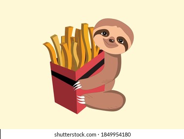 very funny oval face sloth with box of fries potatoes