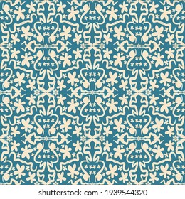 sehr anmutiges, nahtloses Muster arabesken Blumenmotivs auf blauem Hintergrund, das für Tapeten und Textilien nützlich ist. Zeitgenössische, ethnische, flache Vektorgrafik wiederholen Gewebe.