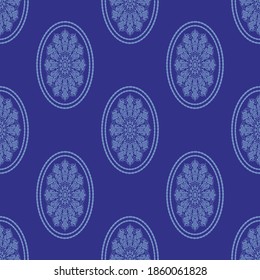 Very graceful seamless pattern of floral batik ethnic motif on deep blue color background for wallpaper and textile. Abstract geometric element flat vector repeat fabric for tile and packaging.
