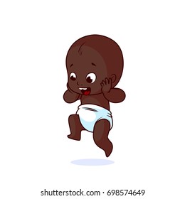 Very happy African American little baby in the diaper. The funny cartoon character is jumping. Vector illustration isolated on a white background.