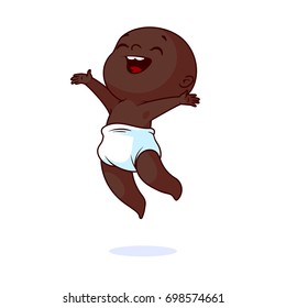 Very happy African American little baby in the diaper. The funny cartoon character is jumping. Vector illustration isolated on a white background.