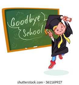 Very happy boy. Graduate in gown and with a diploma in hand near the school board. Vector cartoon character on white background.