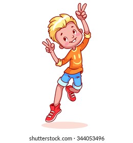 Very happy boy jumping and showing thumbs up sign or the "victory". Vector cartoon character on a white background.  Blond boy smiling and jumping. Happy childhood. Children's joy. 