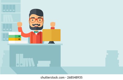 A very happy businessman with beard sitting while raising his both hand finished his work with laptop and paper works on time inside his office. Achievement concept. A contemporary style with pastel