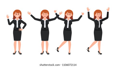 Very happy businesswoman in black suit cartoon character. Vector illustration of smart female clerk in different poses