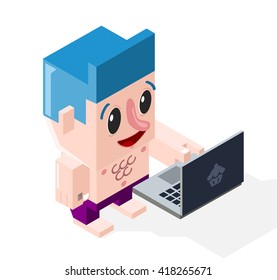 Very Happy Cartoon Boy with a Computer on White Background. Business Concept. Isolated Vector Elements.