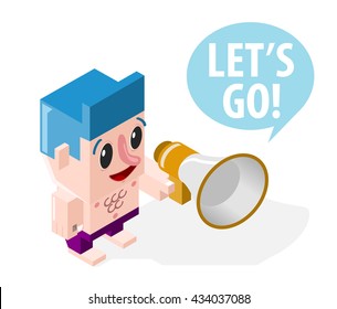 Very Happy Cartoon Boy with a Megaphone on White Background. Isolated Vector Elements.