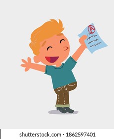 very happy cartoon character of  little boy in jeans with a exam in hand
