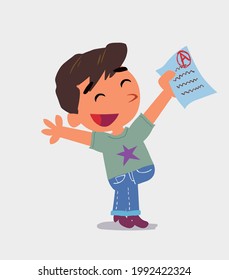 very happy cartoon character of  little boy on jeans with a exam in hand