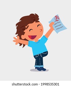 very happy cartoon character of  little girl on jeans with a exam in hand
