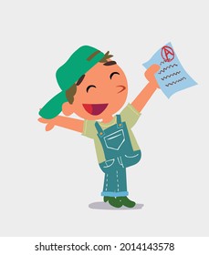 very happy cartoon character of  little boy on jeans with a exam in hand