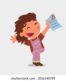very happy cartoon character of  little girl on jeans with a exam in hand