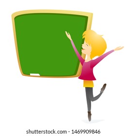 Very happy and cheerful smiling girl jumps in the air in front of blackboard. Student answers a lesson well. Eps 10 vector flat illustration.