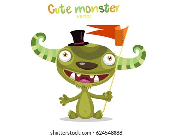 Very Happy Colorful Monster Funny Character With Flag. Cartoon Monster Mascot Vector Illustration On A White Background.