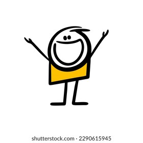 Very happy doodle boy with rising up hands and big smile on the face. Vector illustration of cute stick figure character.