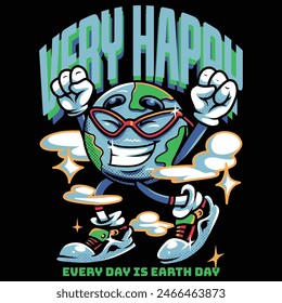 Very Happy Earth Cartoon with Retro Style Illustration