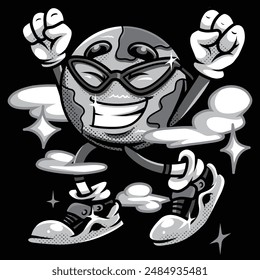 Very Happy Earth Retro Cartoon Black and White Illustration