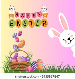  Very Happy Easter | Easter Bunny Ears Vector Happy Easter Typographical Background Happy Easter lettering background with realistic golden shine decorated eggs, confetti, golden brush splash. Vector 