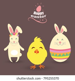 Very happy Easter. Easter Bunny, Egg with ears, Chicken, Vector