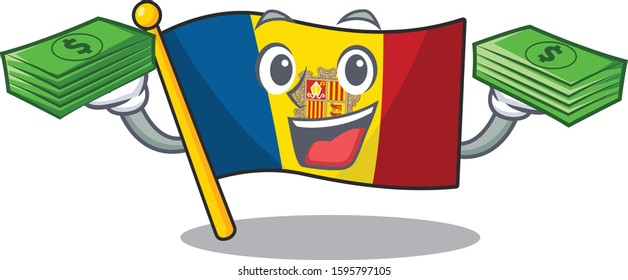 Very happy flag andorra Scroll character with money on hands