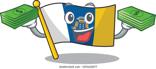 Very happy flag canary island Scroll character with money on hands