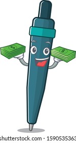 Very happy fountain pen Scroll character with money on hands