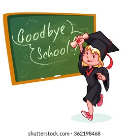 Very happy girl. Graduate in gown and with a diploma in hand near the school board. Vector cartoon character on white background.
